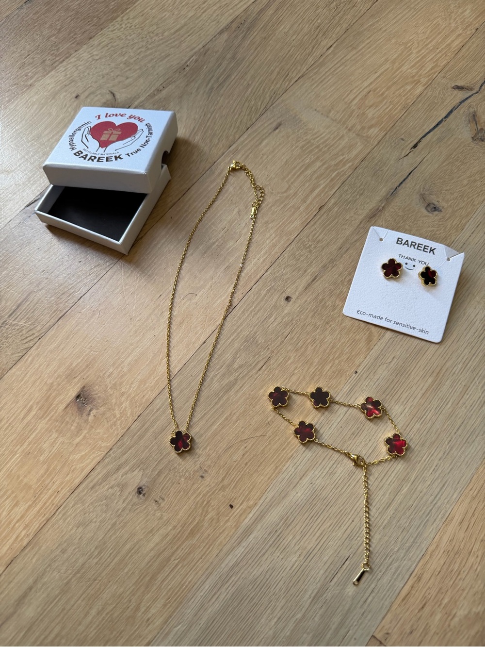 Bareek Gold-Plated Red Flower Necklace, Bracelet & Stud Earrings Set
